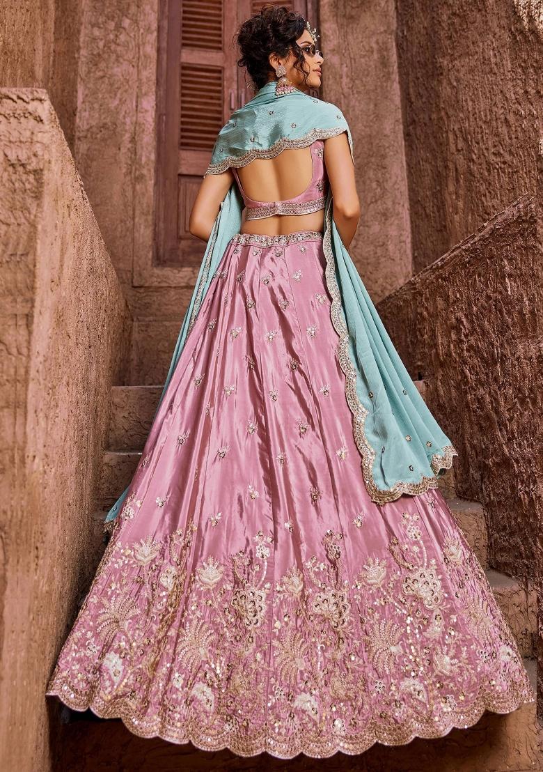 Pink Zari Work Silk Lehenga Set - Indya
