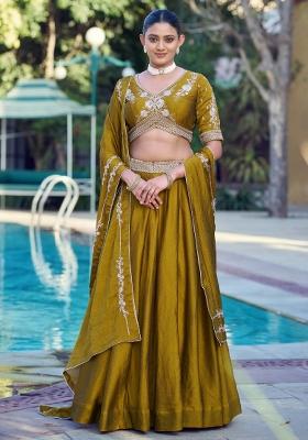 Yellow Embroidered Crushed Lehenga Set