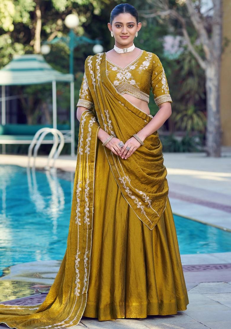 Yellow Embroidered Crushed Lehenga Set - Indya