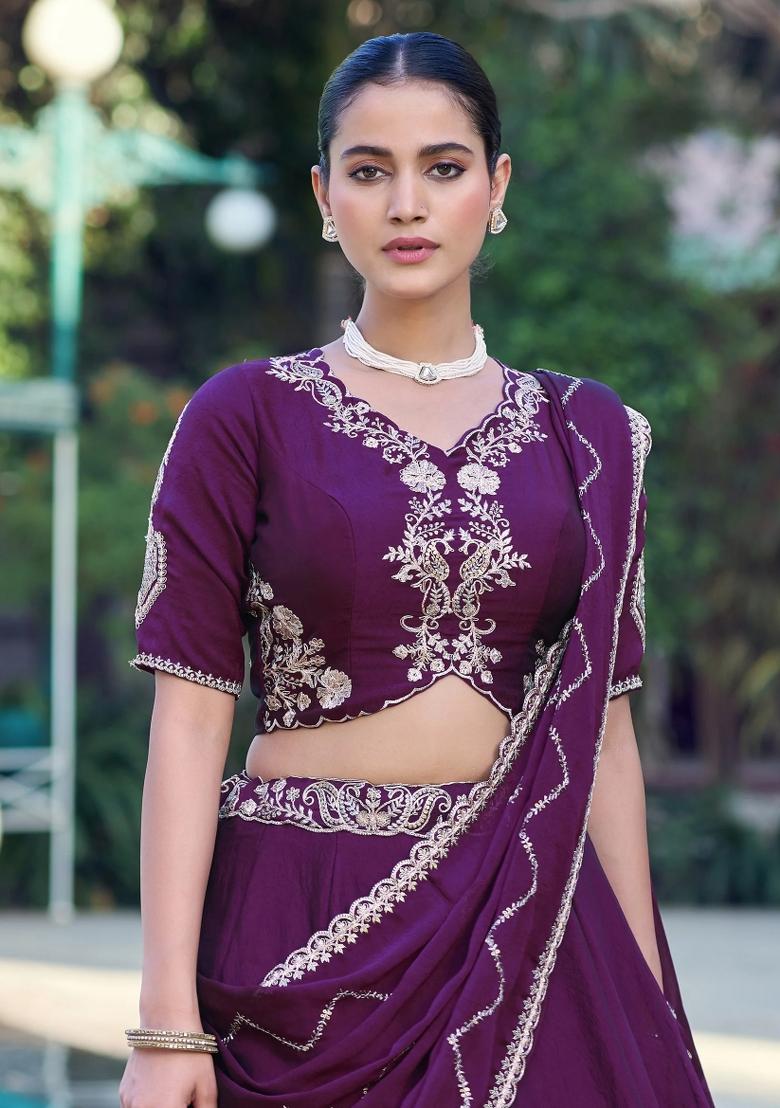Purple Embroidered Crushed Lehenga Set - Indya