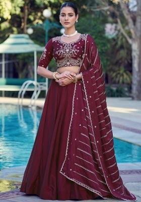 Maroon Embroidered Crushed Lehenga Set