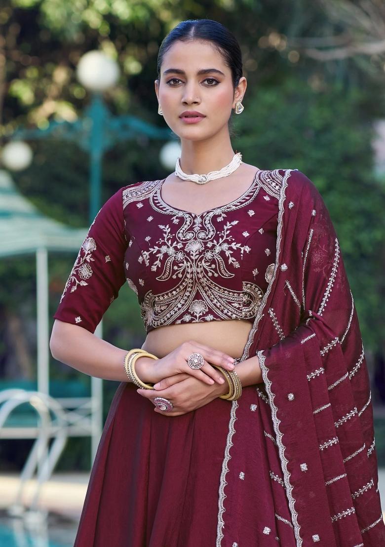 Maroon Embroidered Crushed Lehenga Set - Indya