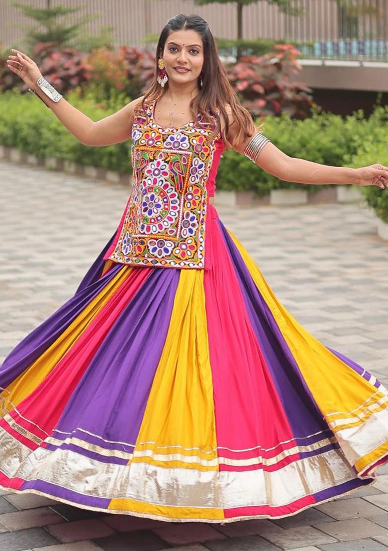 Multicolor Mirror Work Cotton Lehenga Set - Indya