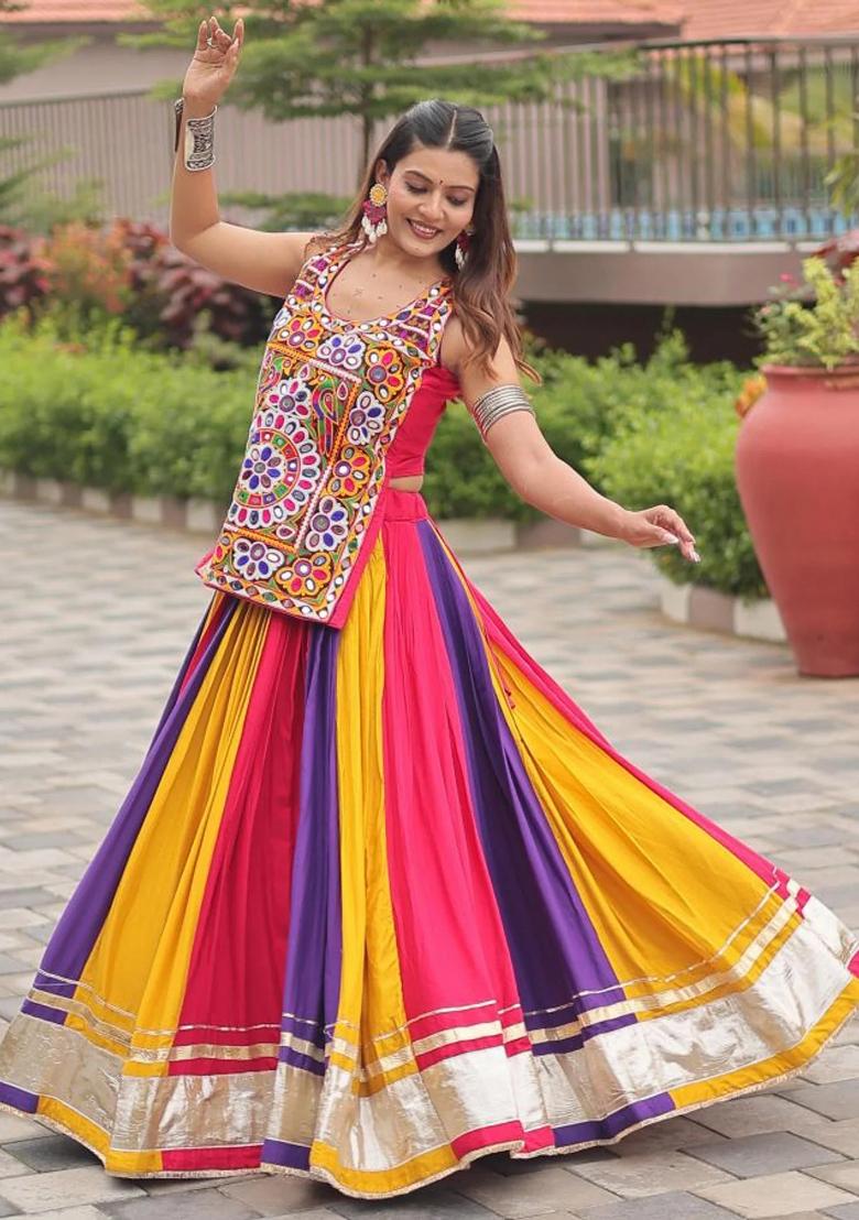 Multicolor Mirror Work Cotton Lehenga Set - Indya