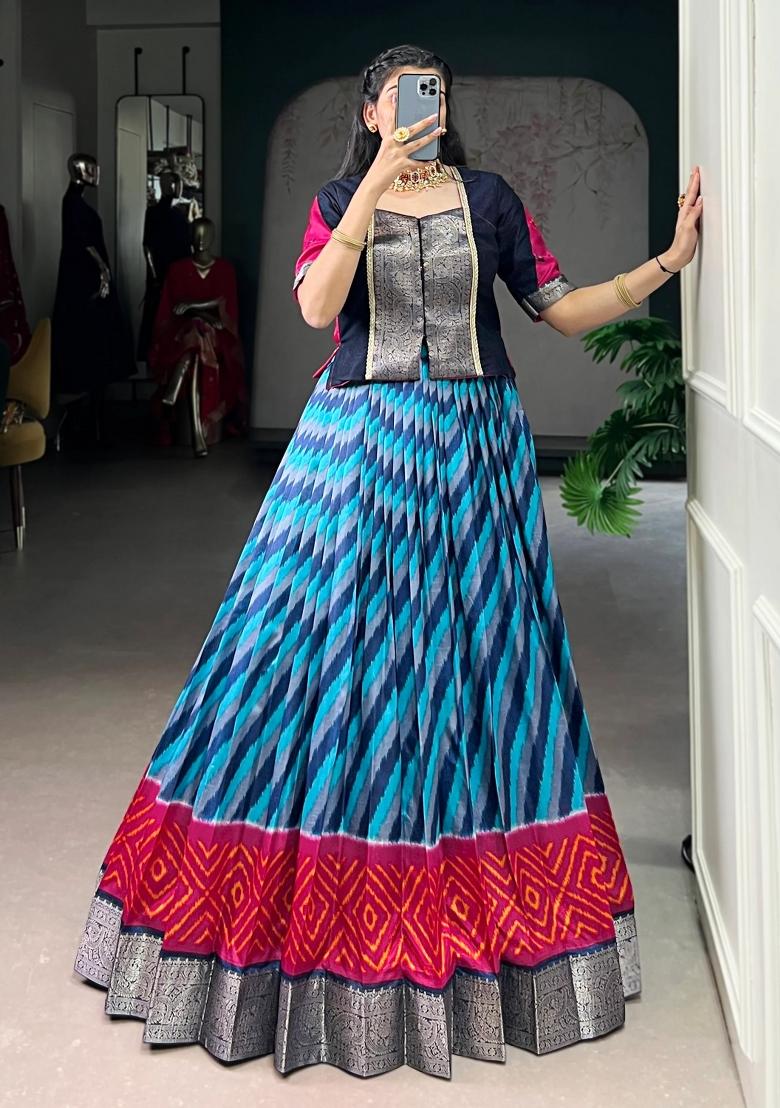 Sky Blue Printed Silk Lehenga Set - Indya
