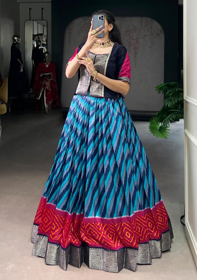 Sky Blue Printed Silk Lehenga Set - Indya
