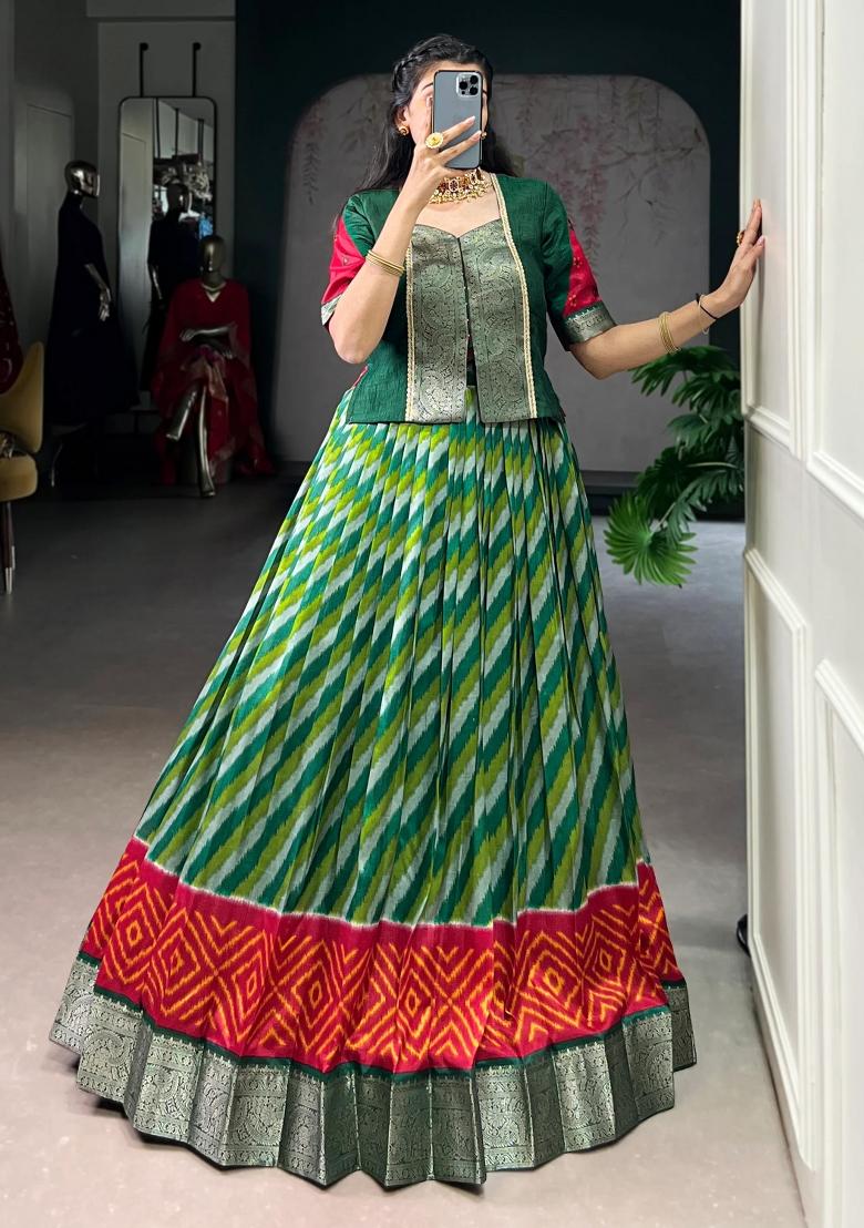Green Printed Silk Lehenga Set - Indya