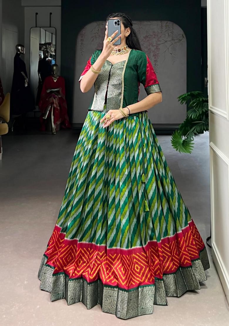 Green Printed Silk Lehenga Set - Indya