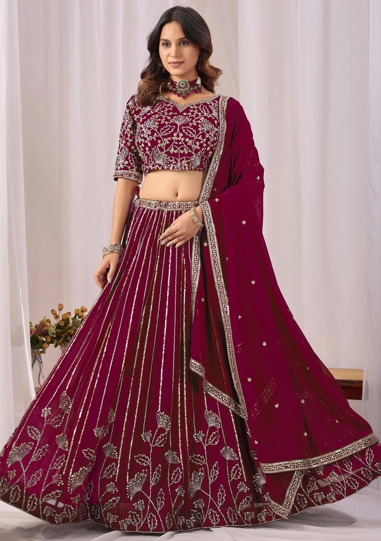 Maroon Sequin Work Georgette Lehenga Set - Indya