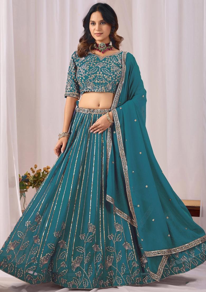 Blue Sequin Work Georgette Lehenga Set - Indya