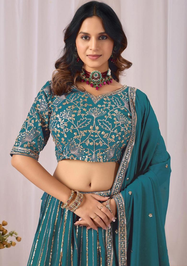 Blue Sequin Work Georgette Lehenga Set - Indya