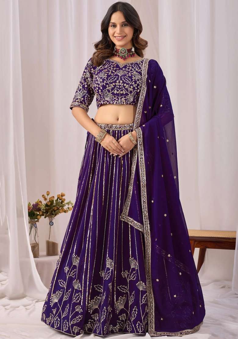 Purple Work Georgette Lehenga Set with Sequin for Diwali | Wedding & Festive Wear - Indya