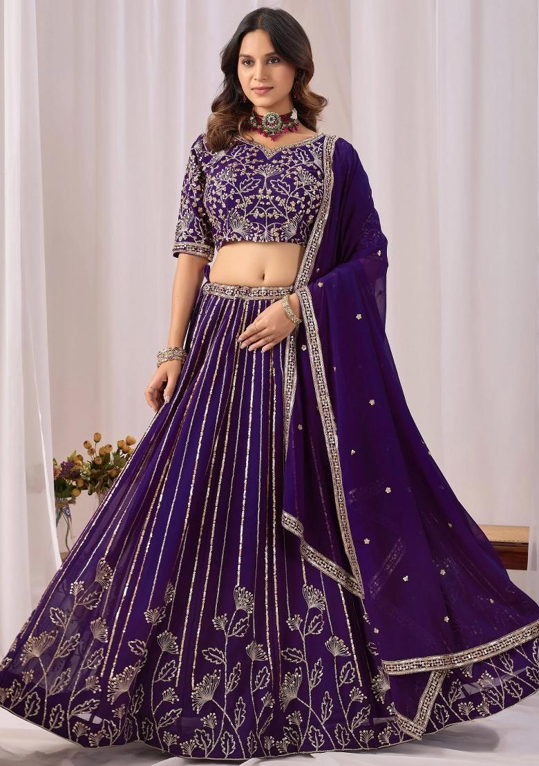 Purple Sequin Work Georgette Lehenga Set - Indya