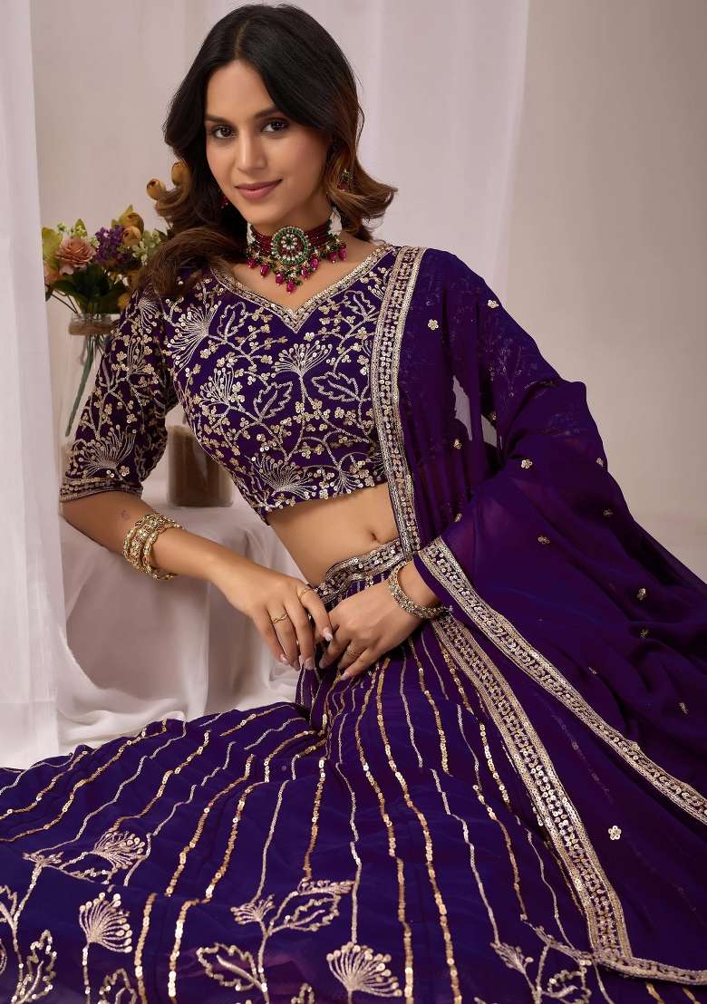 Purple Work Georgette Lehenga Set with Sequin for Diwali | Wedding & Festive Wear - Indya