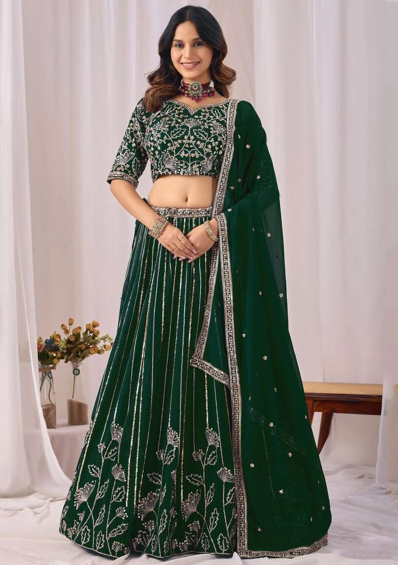 Green Sequin Work Georgette Lehenga Set for Diwali and Festive Wear - Indya