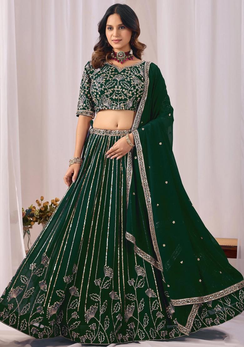 Green Sequin Work Georgette Lehenga Set - Indya