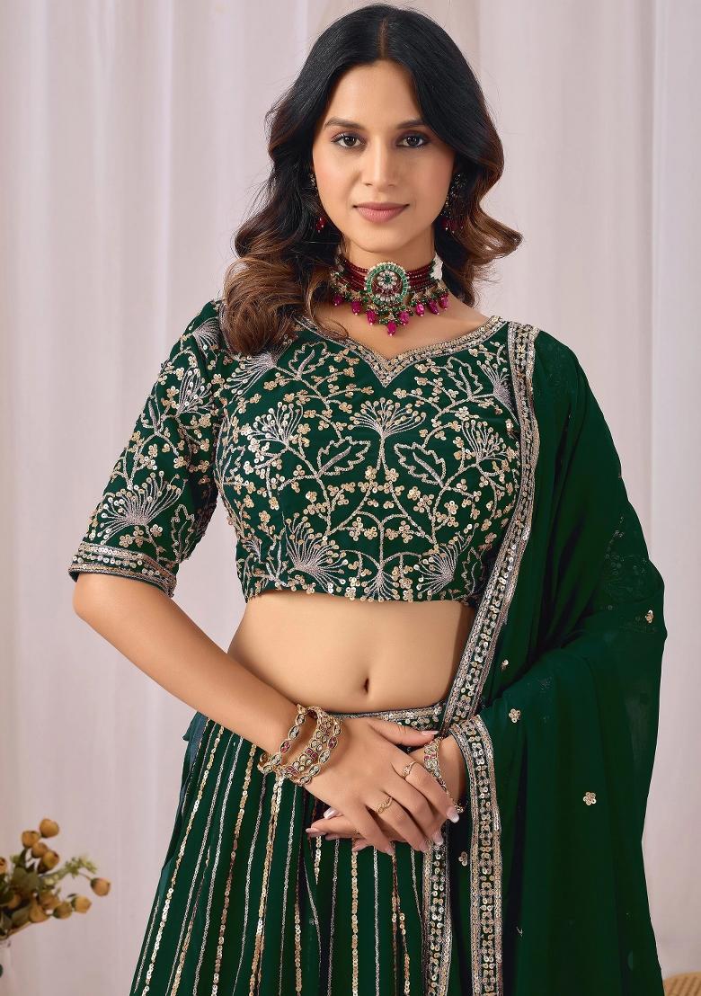 Green Sequin Work Georgette Lehenga Set - Indya