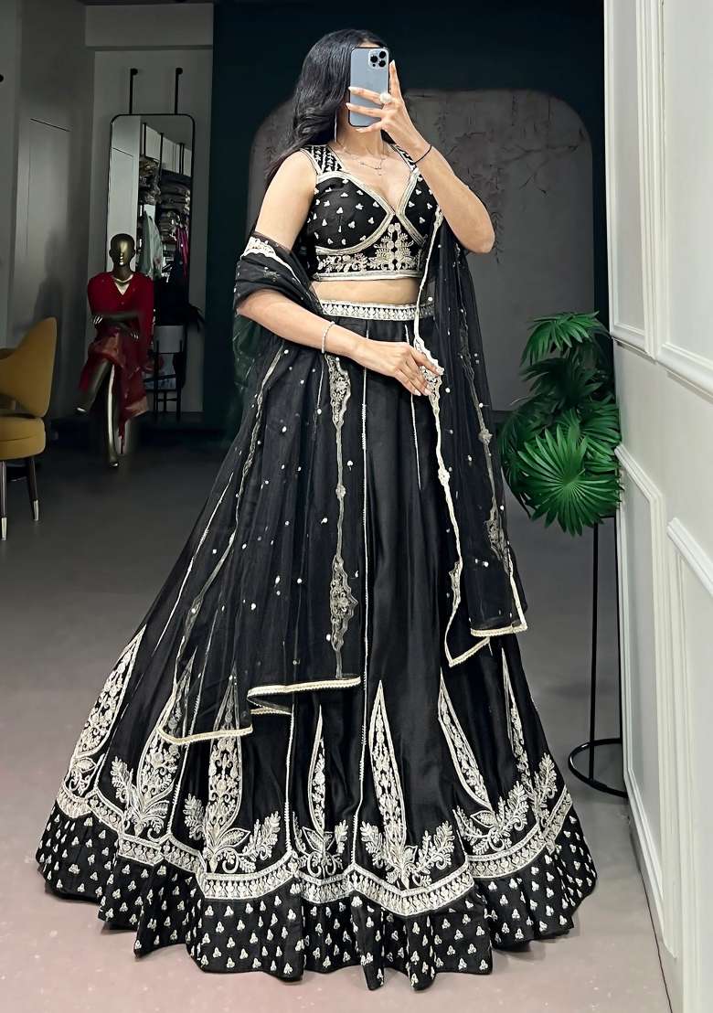 Black Embroidered Silk Lehenga Set - Indya
