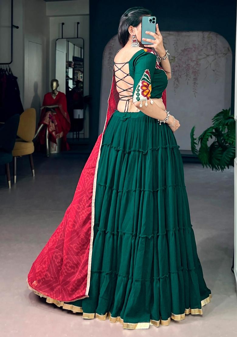 Green Printed Georgette Lehenga Set - Indya