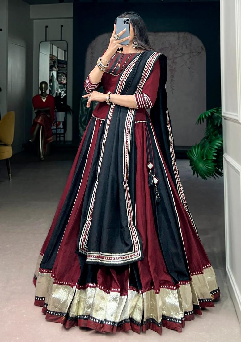 Maroon Mirror Work Chinon Lehenga Set - Indya