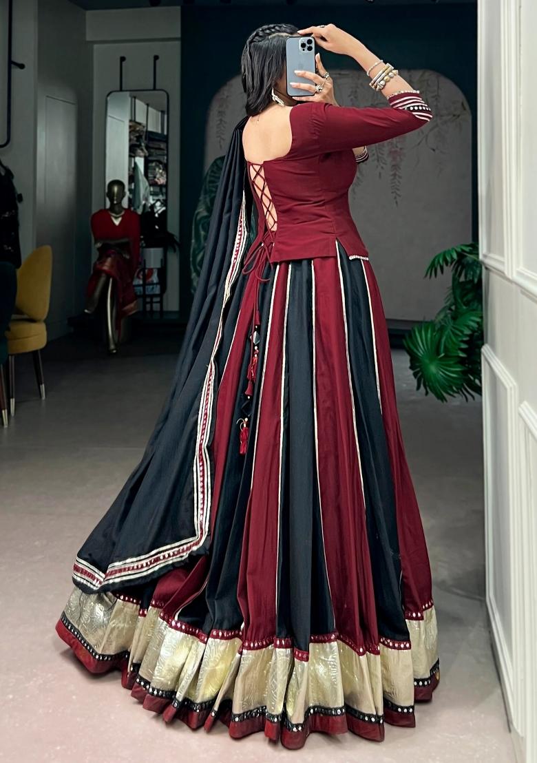 Maroon Mirror Work Chinon Lehenga Set - Indya