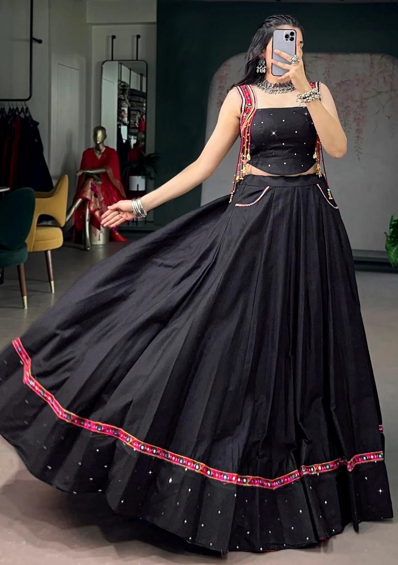Black Mirror Work Rayon Lehenga Set - Indya