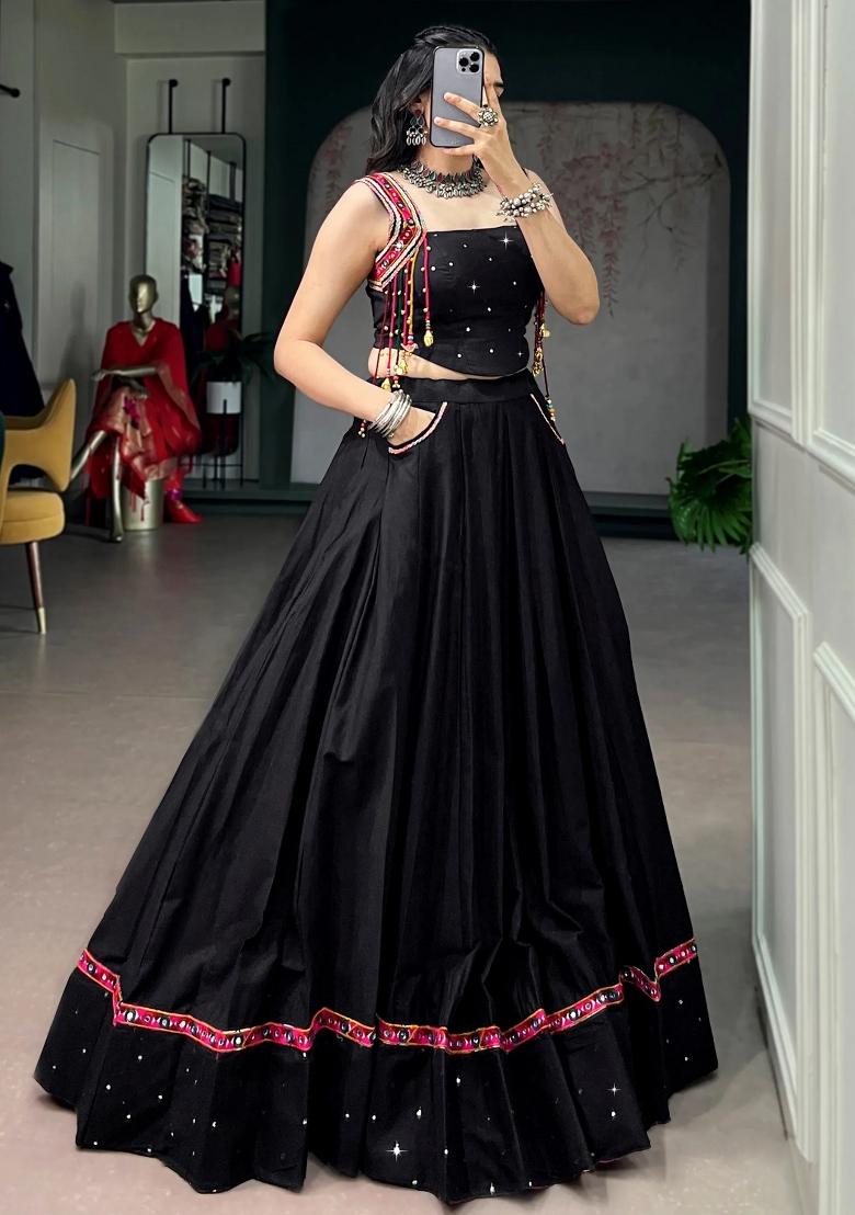 Black Mirror Work Rayon Lehenga Set - Indya