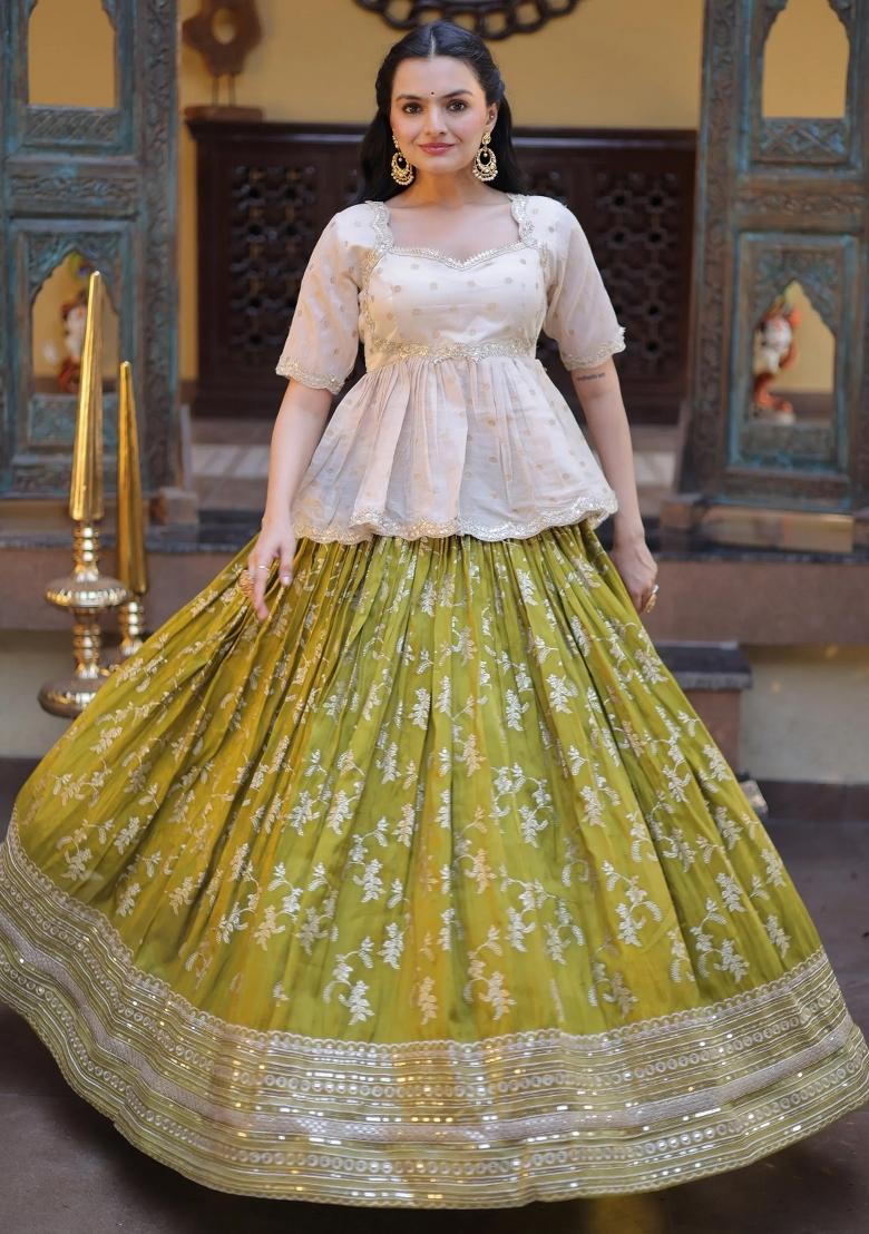 Green Zari Work Silk Lehenga Set - Indya
