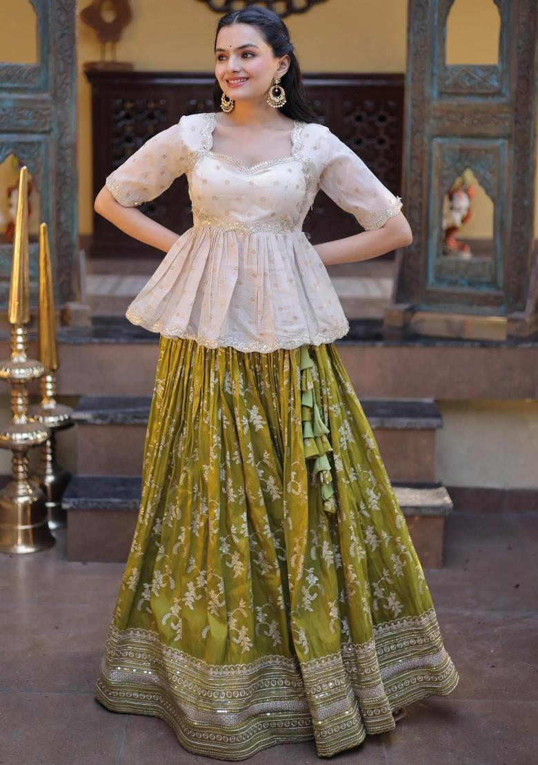 Green Zari Work Silk Lehenga Set - Indya