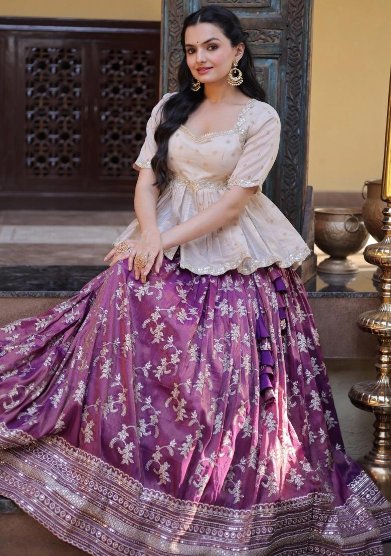 Purple Zari Work Silk Lehenga Set - Indya
