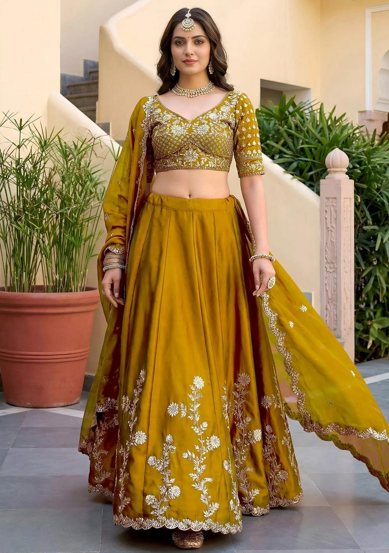Yellow Embroidered Silk Lehenga Set - Indya