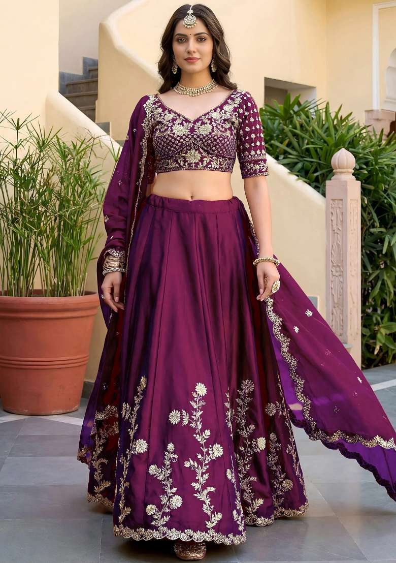 Wine Embroidered Silk Lehenga Set - Indya