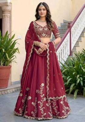 Maroon Embroidered Silk Lehenga Set