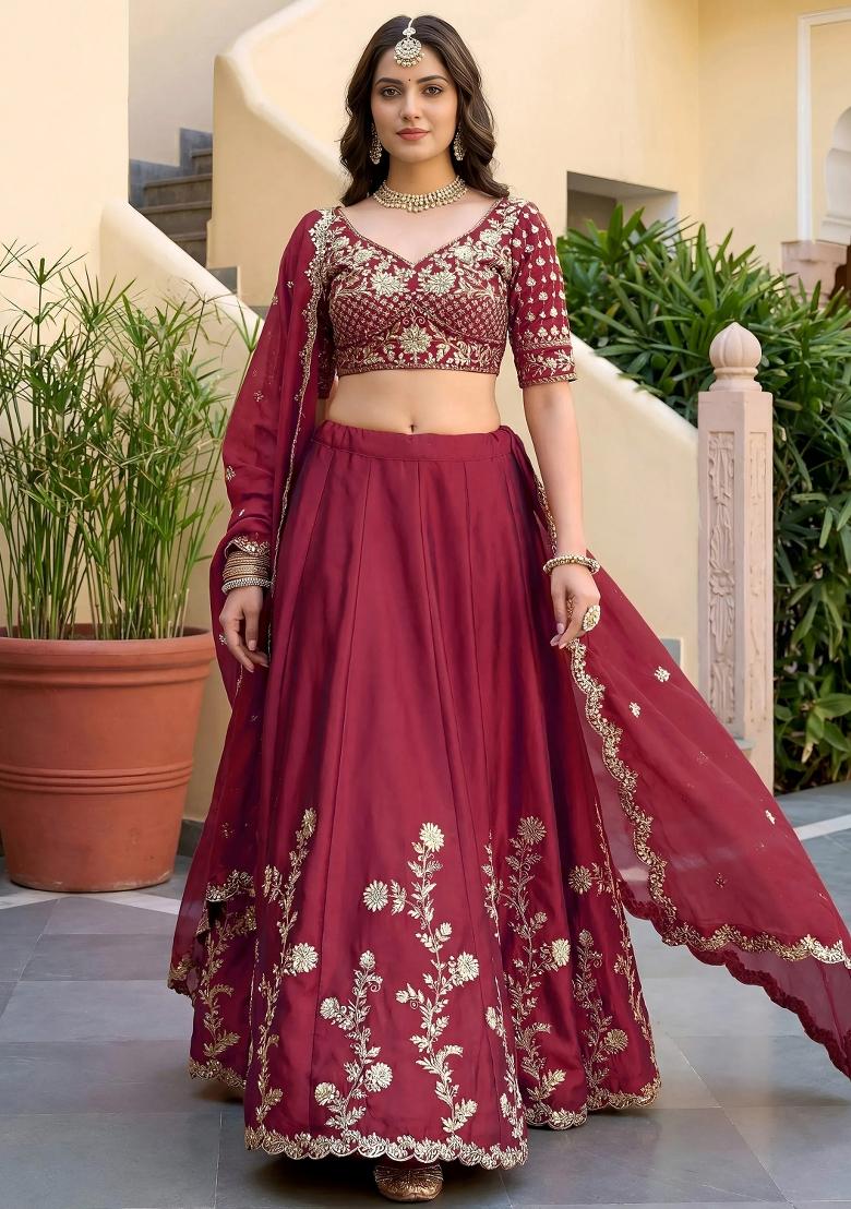 Maroon Embroidered Silk Lehenga Set - Indya