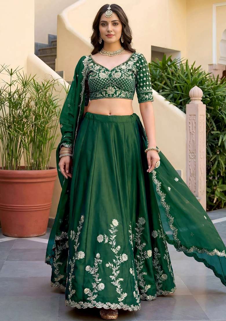 Green Embroidered Silk Lehenga Set - Indya