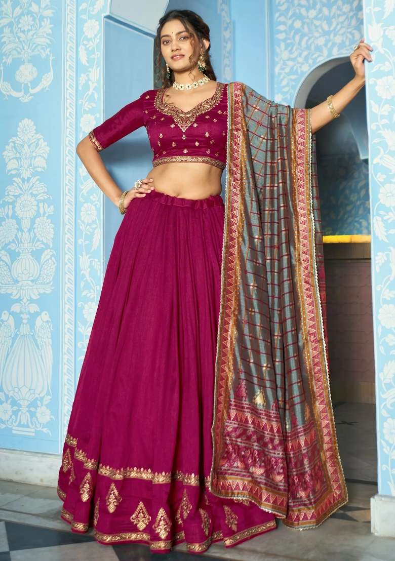 Pink Embroidered Silk Lehenga Set - Indya