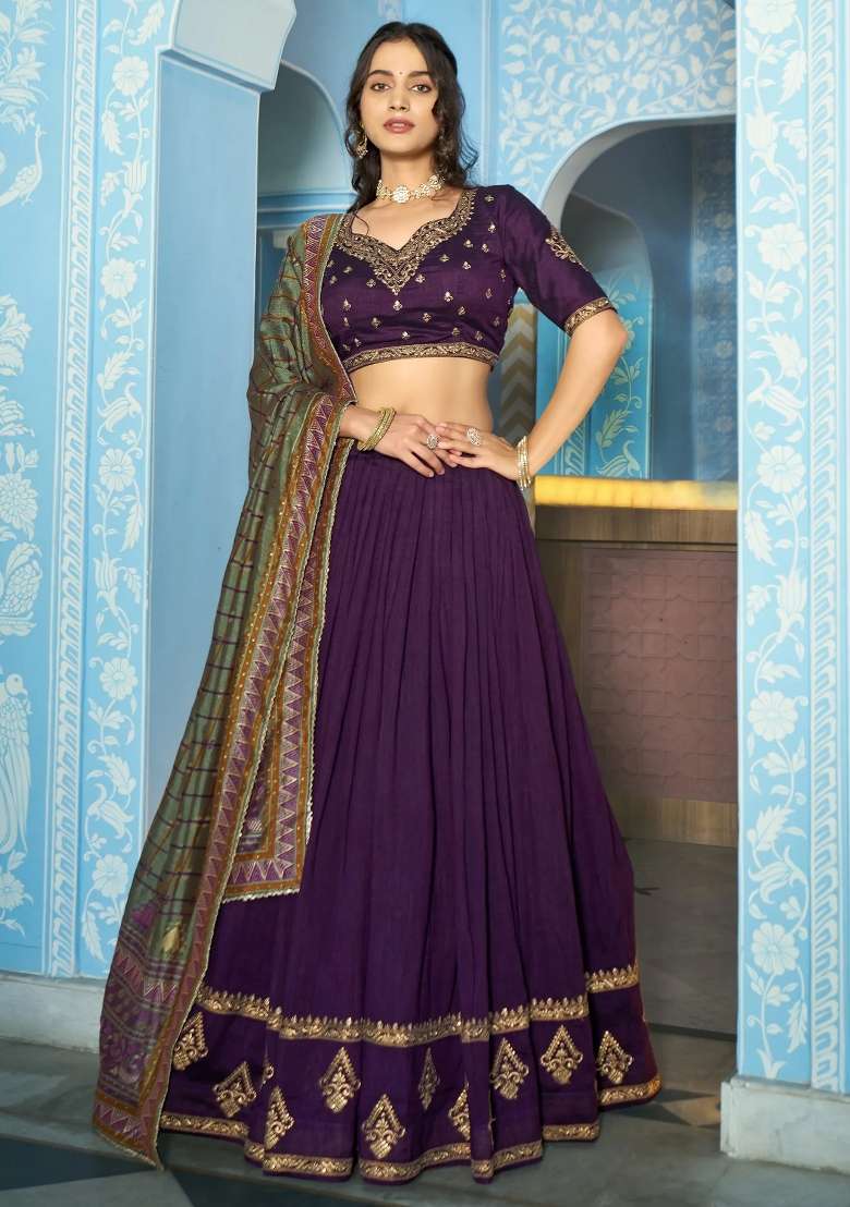 Purple Embroidered Silk Lehenga Set - Indya