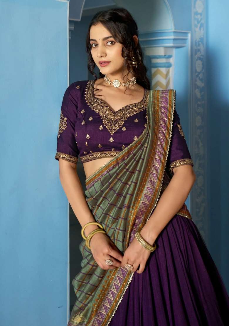 Purple Embroidered Silk Lehenga Set - Indya