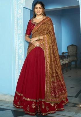 Maroon Embroidered Silk Lehenga Set