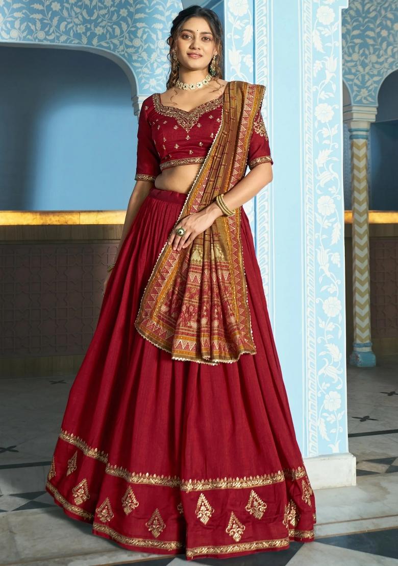 Maroon Embroidered Silk Lehenga Set - Indya