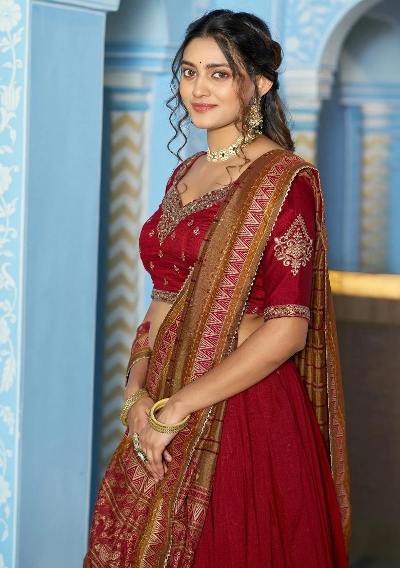 Maroon Embroidered Silk Lehenga Set - Indya