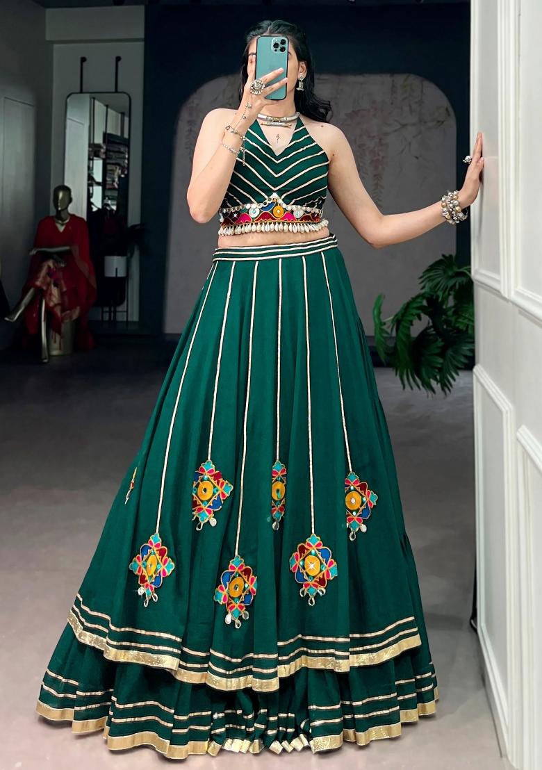 Green Gota Patti Georgette Lehenga Set - Indya