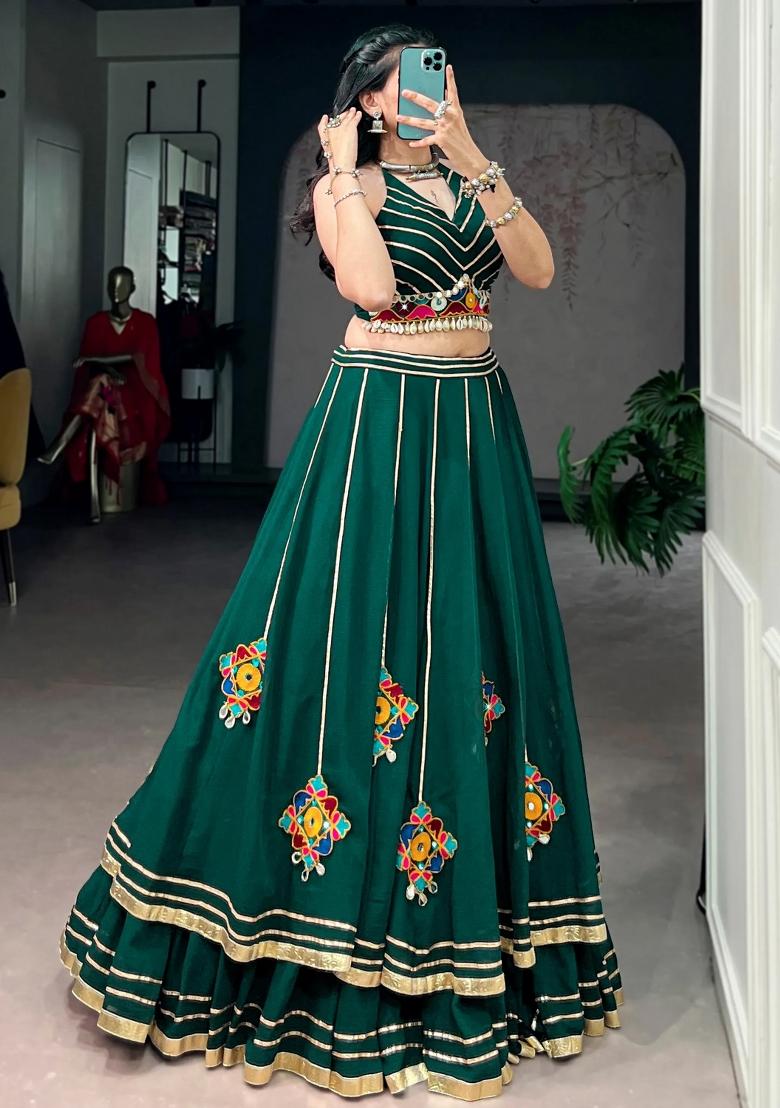 Green Gota Patti Georgette Lehenga Set - Indya