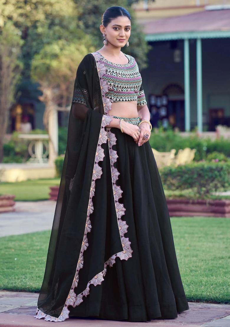 Black Embroidered Georgette Lehenga Set - Indya