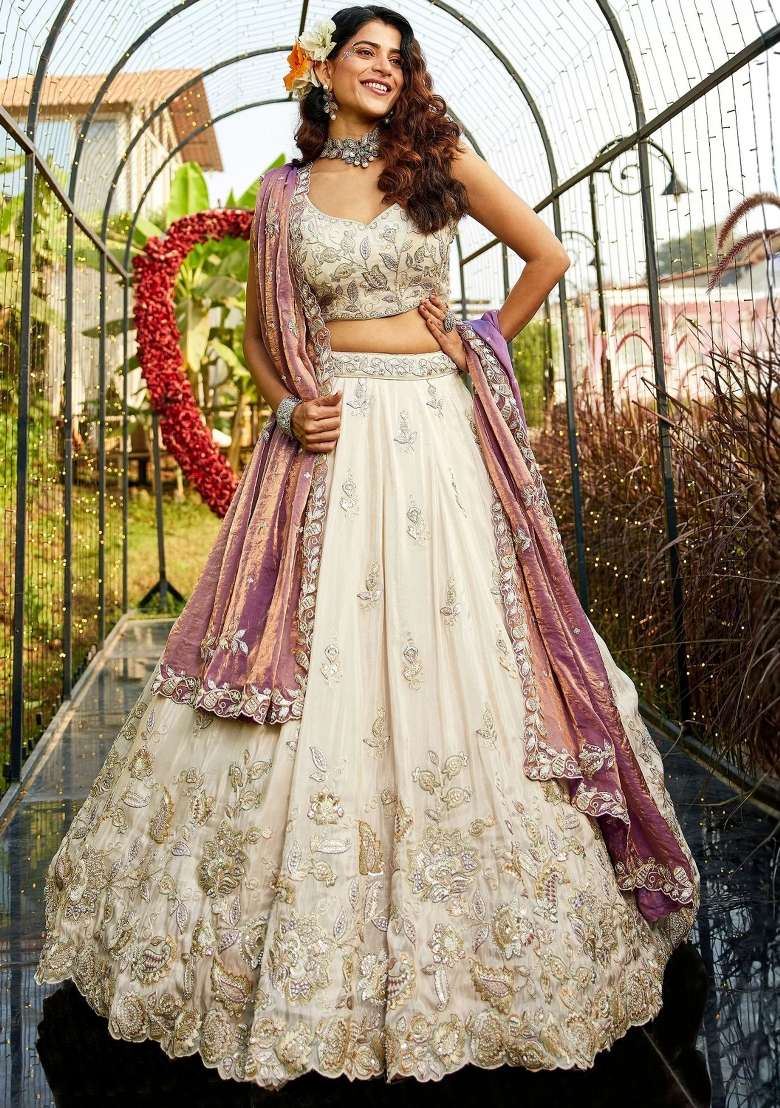 Cream Floral Print Tissue Lehenga Set for Diwali and Festive Wear - Indya