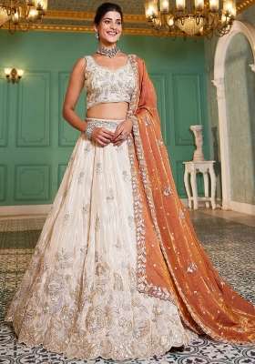 Cream Tissue Lehenga Set with Floral Print for Diwali | Wedding & Festive Wear