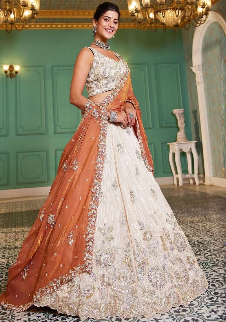 Cream Floral Print Tissue Lehenga Set - Indya