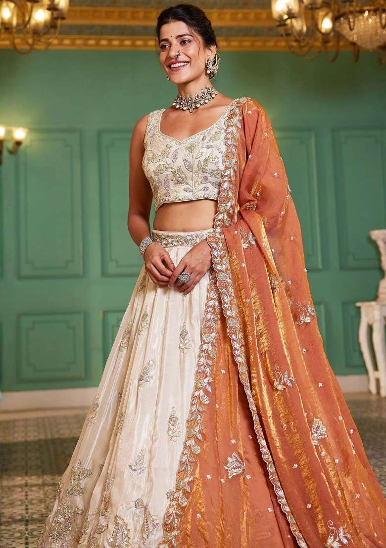 Cream Floral Print Tissue Lehenga Set - Indya