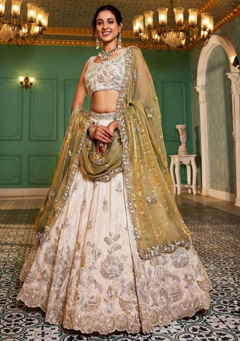 Cream Floral Print Tissue Lehenga Set - Indya