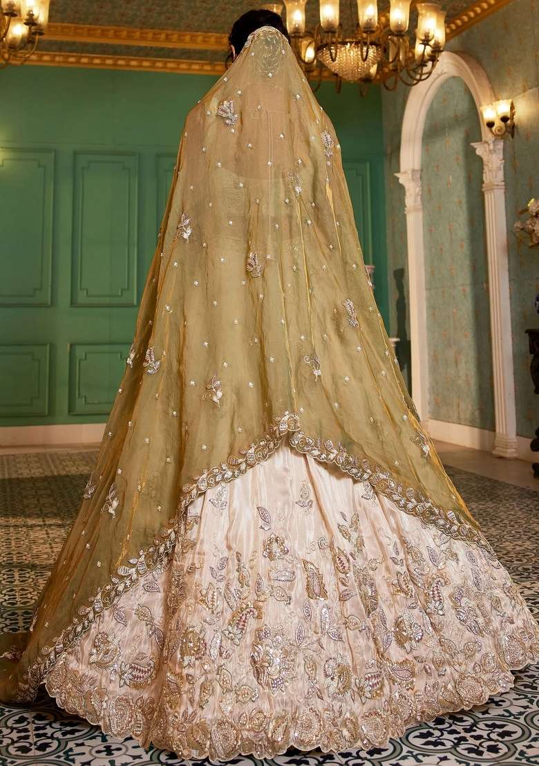 Cream Floral Print Tissue Lehenga Set for Diwali and Festive Wear - Indya